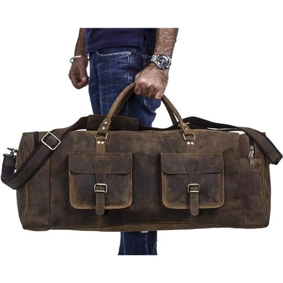 28-Inch Full Grain Leather Duffel Bag for Men & Women  28 inch Duffel Bag Travel  Overnight Weekend Leather Bag  (Distressed Brown)